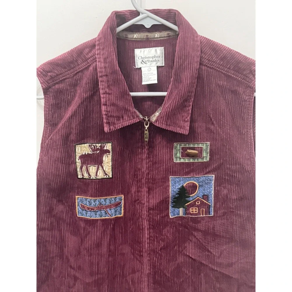 Christopher & Banks Large Vintage Corduroy Vest Maroon Embroidered Cabin Moose